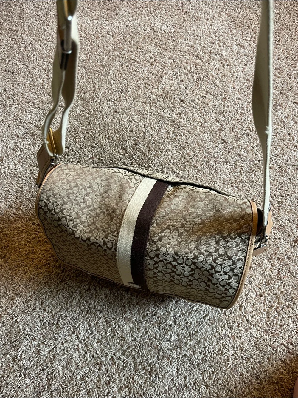 Coach Canvas Messenger Bag in Khaki and Tan with Stripe Detail